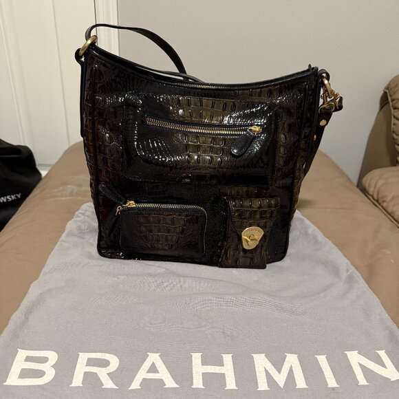 Brahmin Croc Embossed Black Leather Tote Shoulder Bag Purse - Picture 1 of 4
